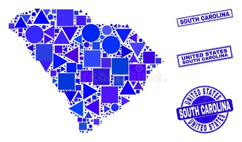 Blue Geometric Mosaic South Carolina State Map And Seals Stock Vector