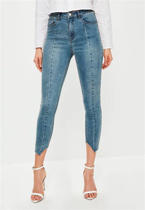 Lyst Missguided Blue Sinner High Rise Seam Detail Cropped Jeans In Blue