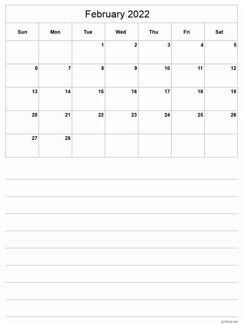 Printable February 2022 Calendar Half Page With Notesheet