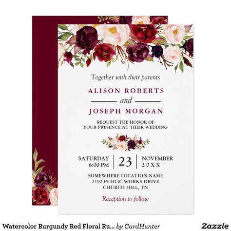 Watercolor Burgundy Red Floral Rustic Boho Wedding Invitation | Zazzle ...