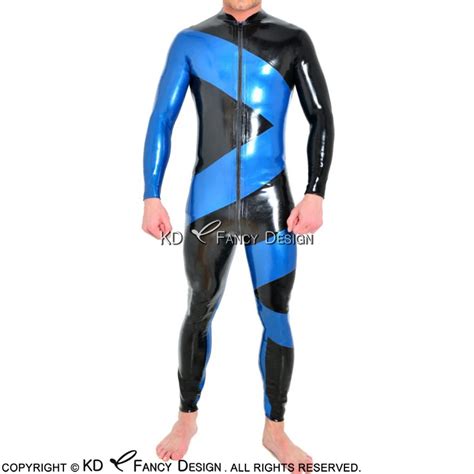 Buy Black With Blue Sexy Latex Catsuit With Diagonals Front Zipper And Crotch