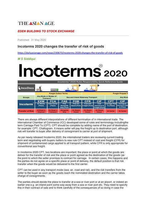 Incoterms 2020 Changes The Transfer Of Risk Of Goods By M