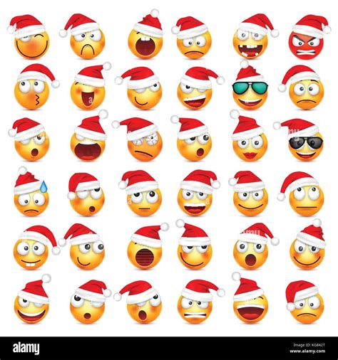 Smileyemoticon Set Yellow Face With Emotions And Christmas Hat New