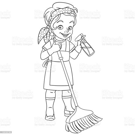 Coloring Page Of Cartoon Cleaner Girl House Or Hotel Cleaning Stock