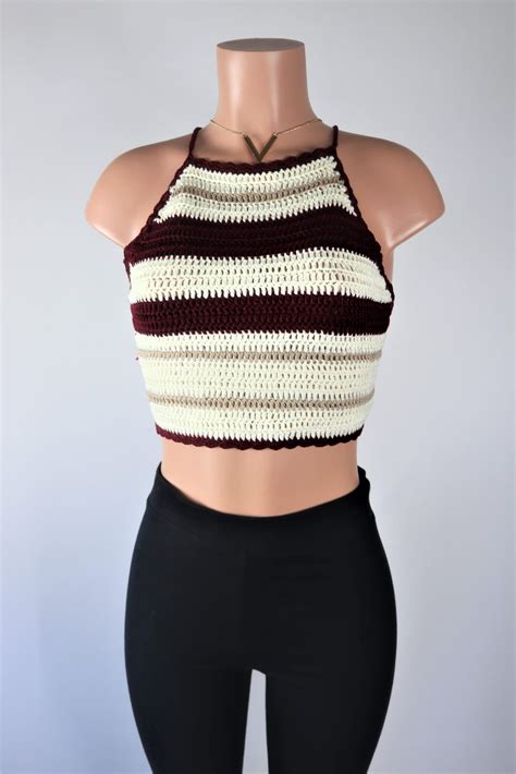 Crochet Stripe Crop Top Tied Back Knitted Burgundy Stripe Crop Top