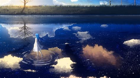 Chica Anime Caminando Sobre El Agua Reflejo Río Anime Fondo De