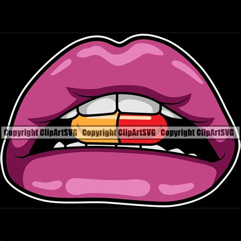 Lips Teeth Bite Biting Drug Pill Capsule Design Element Black Color Face Sexy Mouth Position