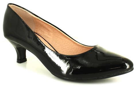 New Womensladies Black Patent Wide Fit Kitten Heel Court Shoes