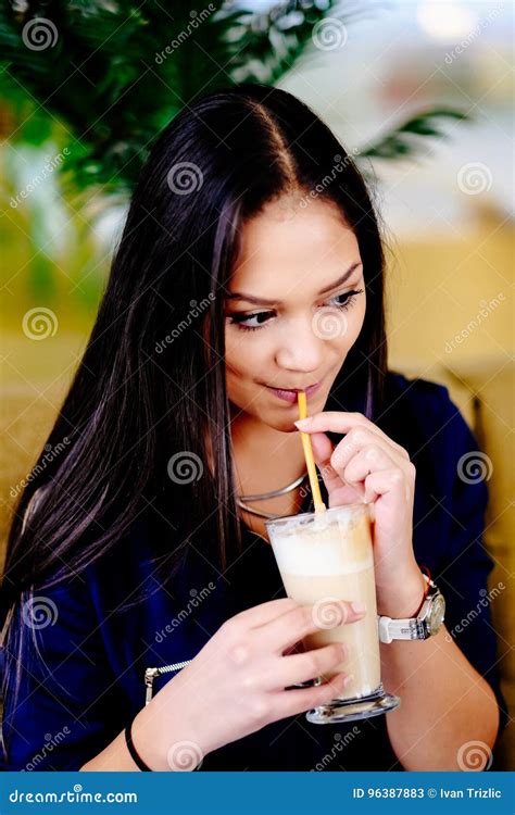 Beautiful Girl Drinking Ice Mocha Shake In A Cafe Stock Image Image Of Person Dessert 96387883