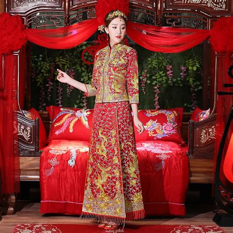 Gold And Red Dragon Gown Dress Spring Autumn Chinese Style Bridal