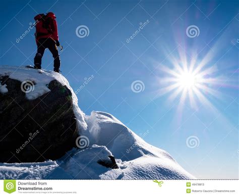 Mountaineer Standing At The Top Of The Mountain Stock Image Image Of