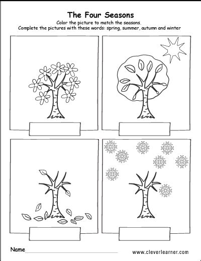 Four trees for four seasons of color. Spring, summer, fall and winter free worksheets for ...