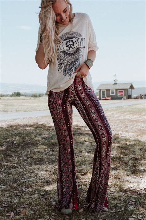 Women S Clothing Free Spirited Boho Outfits Bohemian Clothes Printed Flare Pants Flare