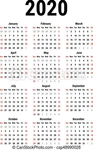 Calendar For 2020 Year On White Background Week Starts Sunday Simple