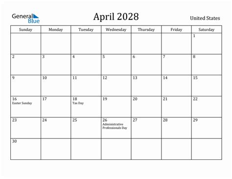 April 2028 Monthly Calendar With United States Holidays