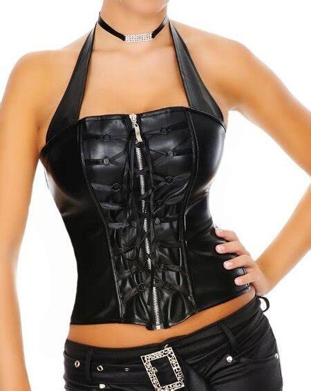 Moonight Sexy Gothic Black Bonded Leather Halter Corset Top Basque