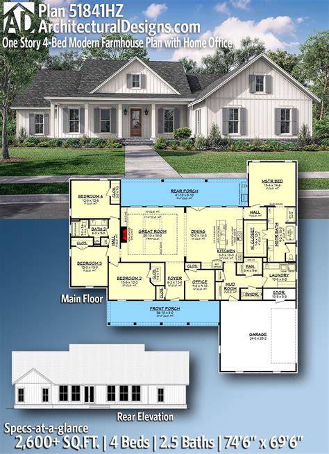 Plan Hz One Story Bed Modern Farmhouse Plan With Home Office