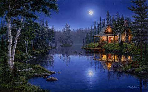 Moonlight Serenade Mark Daehlin Forest Lake House Night Painting