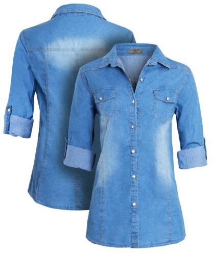 Womens Denim Shirt Top Ladies Slim Fit Stonewash Blue Shirts Size 6 8
