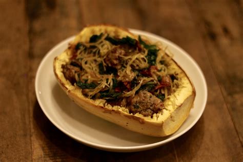 Guest Blog Spaghetti Squash Boats With Sausage Kale And Mushrooms