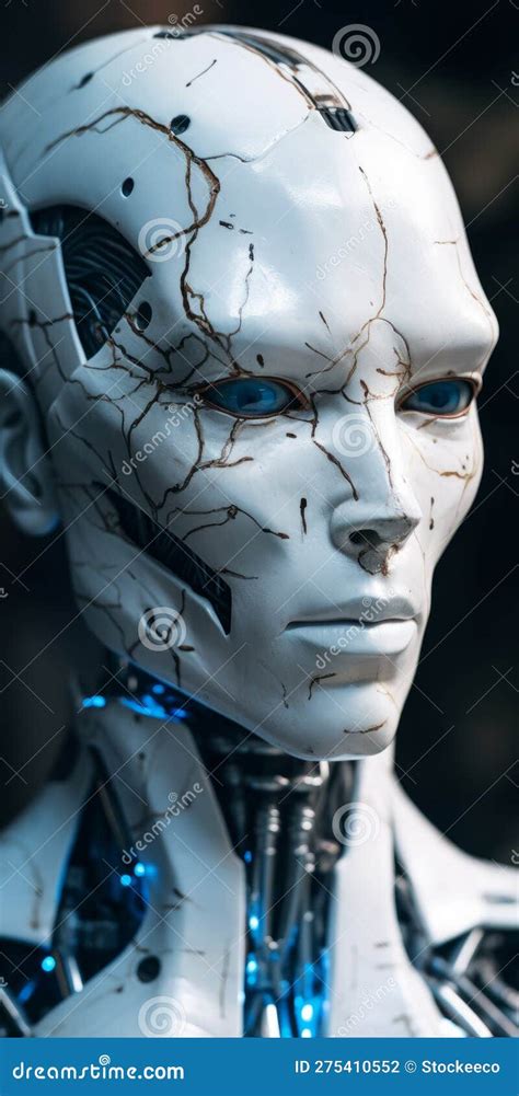Incomplete Humanoid Android In White Porcelain Skin Close Up Portrait