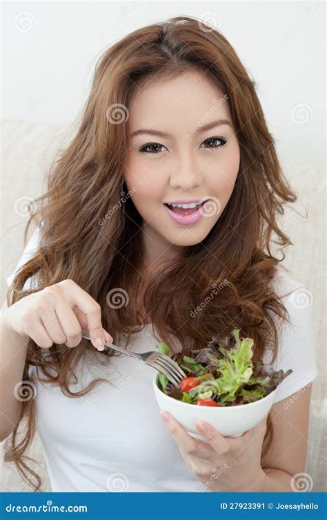 Asian Cute Girl Eating Salad Stock Image Image Of Green Looking 27923391