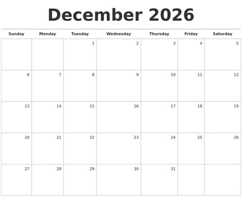 December 2026 Blank Monthly Calendar