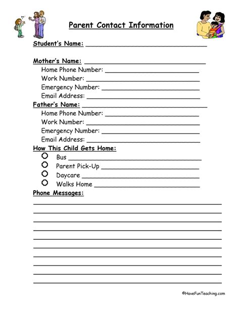 Free Printable Parent Contact Information Sheet