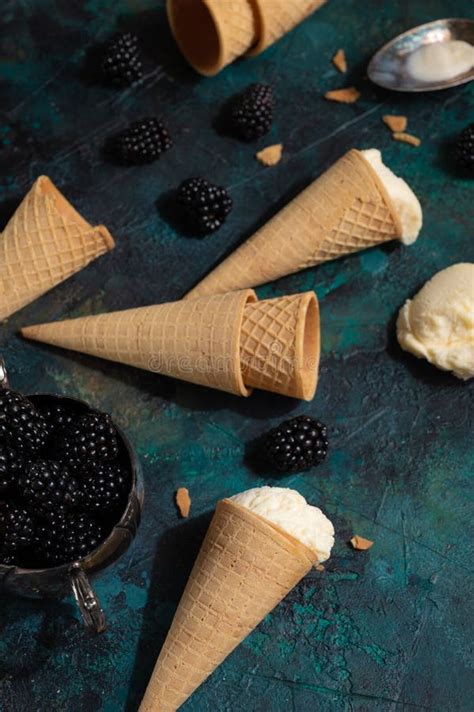 Ice Cream Cones And Vanilla Ice Cream With Wild Berries Summer Mood