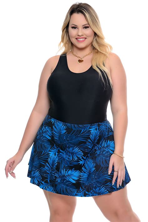 Maiô Plus Size Com Saída Embutida Folhagens Azul Escuro Vk Moda A