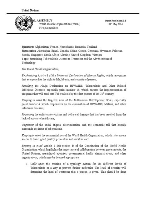 Draft Resolution Example Tuberculosis World Health Organization