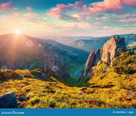 Colorful Summer Sunrise In The Carpathian Mountains Stock Photo Image