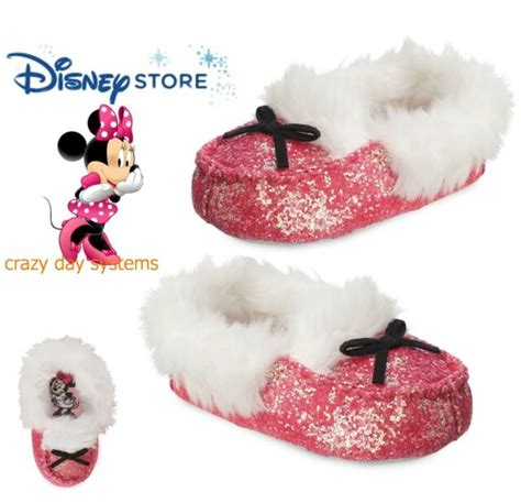New Disney Store Minnie Mouse Girls Soft Pink Moccasin Glitter Slippers