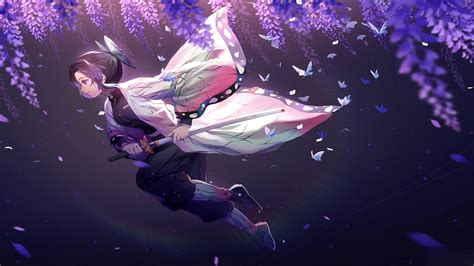 Demon Slayer Shinobu Kochou With Sword Under Purple Flowers With Black Ff2