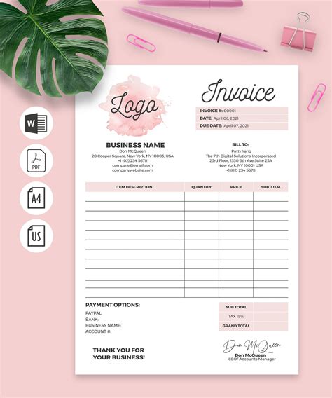 Invoice Template Printable Invoice Invoice Template Etsy