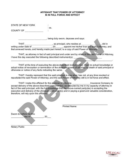 New York Affidavit That Power Of Attorney Is In Full Force And Effect