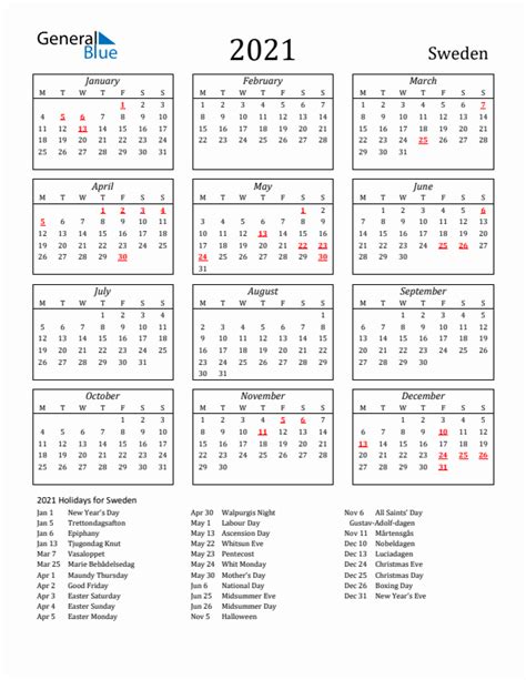 2021 Sweden Calendar With Holidays