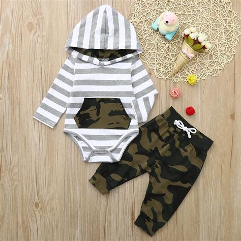 Infant Baby Long Sleeve Striped Hoodie Romper Jumpsuit Camouflage