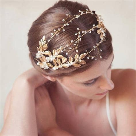 Handmade Ribbon Gold Leaves Pearl Headband Crystal Hair Jewelry Wedding