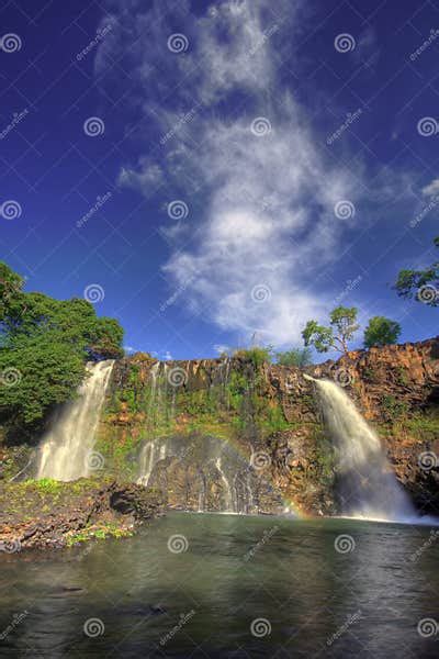 Double Waterfall With Rainbow Stock Image Image Of Chute Spectacular