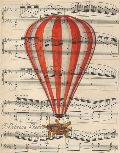 Funky Hot Air Balloonon Vintage Sheet Music Fine Art Print Rebecca