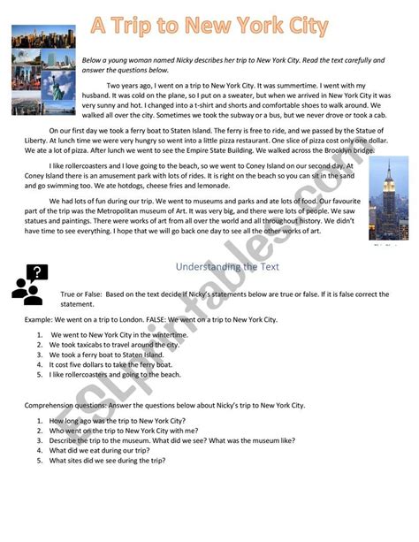 My Trip To New York City Story And Comprehension Questions Esl