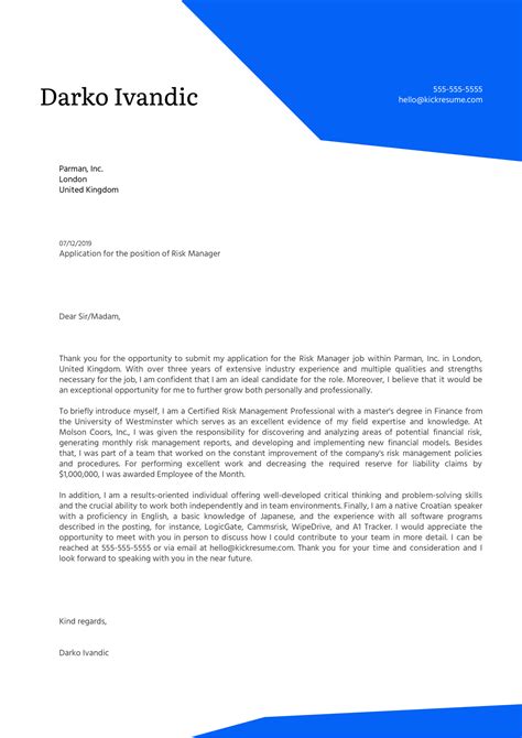 We did not find results for: Risk Manager Cover Letter Example | Kickresume