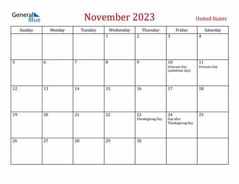 November 2023 United States Monthly Calendar With Holidays