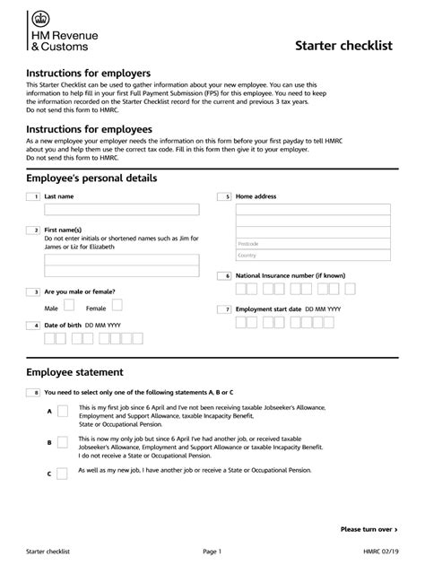 2019 Form Uk Hmrc Starter Checklist Fill Online Printable Fillable