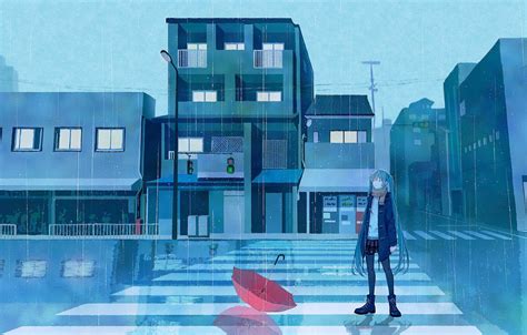 Wallpaper Road Girl Rain Umbrella Traffic Light Hatsune Miku
