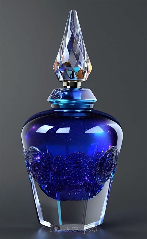 A Blue Glass Bottle With A Crystal Top On A Gray Background And A Diamond In The Bottom