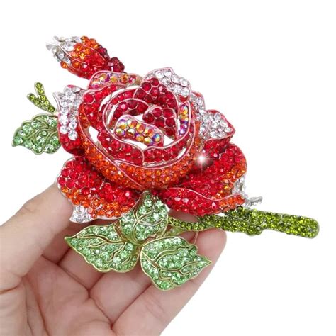 Bella Fashion Rose Flower Bud Brooch Pin Austrian Crystal Rhinestone Big Brooch For Women Party