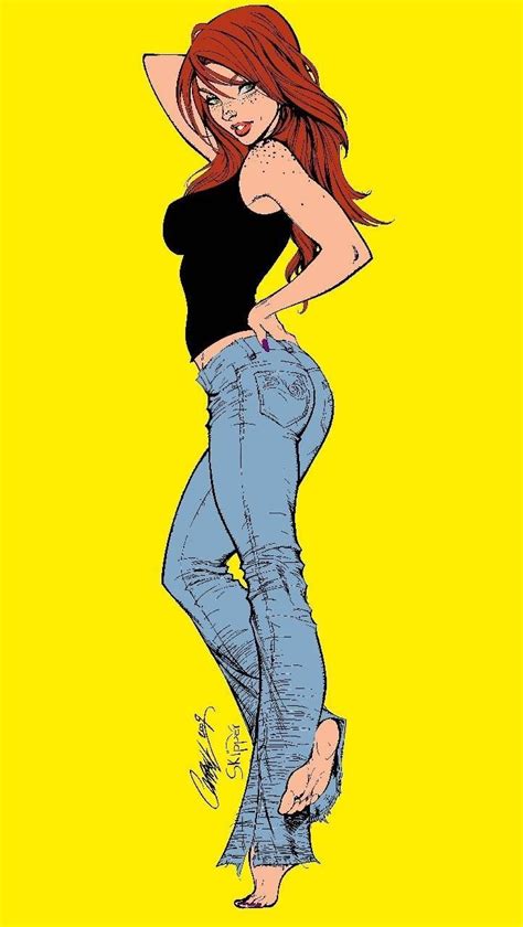 A Drawing Of A Woman With Red Hair Wearing Jeans And A Black Top