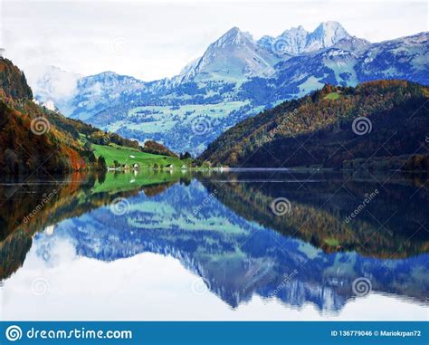 Alpine Lake Klontalersee In Klontal Valley And Mountain Range Glarus